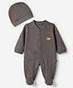 Mini Taurus 100% Cotton Interlock Knit Full Sleeves Solid Romper With Cap & Teddy Bear Patch - Grey