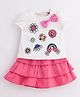 One Friday Cotton Woven Cap Sleeves Bow Applique & Felt Detailed Floral Embroidered Top & Layered Skirt Set - Multi Colour