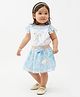One Friday Cotton Knit Cap Sleeves Bunny Printed Top & Floral Applique Detailed Skirt Set - White