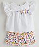 One Friday Cotton Woven Half Frill Sleeves Lace Embellished Bow Applique Detailed Top & Skirt Set - Multi Colour