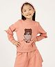 One Friday Cotton Knit Full Sleeves Bear Embroidered Top - Peach