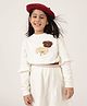 One Friday Cotton Knit Full Sleeves Bear Face & Cutie Text Embroidered Top - White