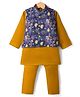 Bow & Tie Full Sleeves Solid Kurta Pyjama Set With Ethnic Motifs Printed Jacket - Navy Blue