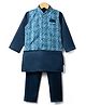 Bow & Tie Full Sleeves Solid Kurta Pyjama Set With Ethnic Medallion Printed Jacket - Blue