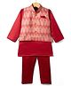 Bow & Tie Full Sleeves Solid Kurta Pyjama Set With Geometric Motifs Printed Jacket - Red