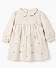 ToffyHouse 100% Cotton Knit Fit & Flare Frock with Full Sleeves and Floral Embroidery - Beige