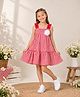 CrayonFlakes Cotton Woven Sleeveless Gingham Checked & Floral Applique Detailed Tiered Dress - Red
