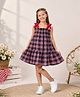 CrayonFlakes Cotton Woven Sleeveless Gingham Checked & Bow Applique Detailed Tiered Dress - Navy Blue & Red