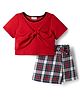 CrayonFlakes Knit Half Sleeves Bow Designed Top & Skort Set - Red