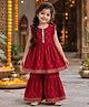 The Magic Wand Cambric Woven Ruffle Sleeves Floral Printed Coordinating Kurti Sharara Set - Cherry Red