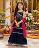 The Magic Wand Cambric Woven Sleeveless Floral Printed & Lace Embellished Peplum Top & Sharara Set With Dupatta - Navy Blue