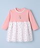 ToffyHouse 100% Cotton Interlock Knit Knee Length Frock with Full Sleeves and Rose Print & Embroidery with Lace Detailing - Pink & White