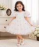 tior Mesh Woven Puffed Sleeves Floral Embroidered Dress - White