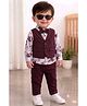 Merope Cotton Blend Knit Full Sleeves Floral Printed Shirt & Pants Set With Waistcoat & Bow - Red