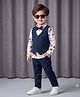 Merope Cotton Blend Knit Full Sleeves Floral Printed Shirt & Pants Set With Waistcoat & Bow - Navy Blue
