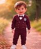 Merope Boys Cotton Blend Knit Full Sleeves Patch Detailed Tee & Joggers With Attached Bow Set - Maroon