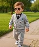 Merope Boys Cotton Blend Knit Full Sleeves Patch Detailed Tee & Joggers With Attached Bow Set - Grey