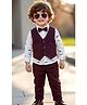 Merope Cotton Blend Knit Full Sleeves Moustache Printed Shirt & Pants Set With Waistcoat & Bow - Maroon