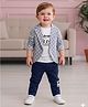 Merope Cotton Blend Knit Full Sleeves Checked Blazer & Pants Set With Typography Printed Attached Tee - Grey