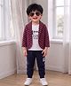 Merope Cotton Blend Knit Full Sleeves Checked Blazer & Pants Set With Typography Printed Attached Tee - Red