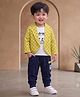 Merope Cotton Blend Knit Full Sleeves Checked Blazer & Pants Set With Typography Printed Attached Tee - Yellow