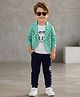 Merope Cotton Blend Knit Full Sleeves Checked Blazer & Pants Set With Typography Printed Attached Tee - Green