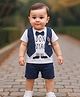Merope Cotton Blend Knit Half Sleeves Typography Printed & Tee & Shorts With Attached Bow & Waistcoat Set - Navy Blue