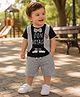 Merope Cotton Blend Knit Half Sleeves Typography Printed & Tee & Shorts With Attached Bow & Waistcoat Set - Grey