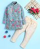 BONBOY Cotton Blend Knit Full Sleeves Floral Printed Kurta & Pyjama Set With Jacket - Blue