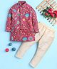 BONBOY Cotton Blend Knit Full Sleeves Floral Printed Kurta & Pyjama Set With Jacket - Pink
