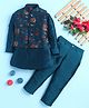 BONBOY Cotton Blend Knit Full Sleeves Kurta & Pyjama Set With Floral Embroidered Jacket - Navy Blue
