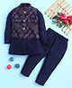 BONBOY Cotton Blend Knit Full Sleeves Kurta & Pyjama Set With Floral Embroidered Jacket - Navy Blue