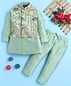 BONBOY Cotton Blend Knit Full Sleeves Kurta & Pyjama Set With Trees Printed Jacket - Sea Green