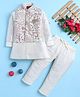 BONBOY Cotton Blend Knit Full Sleeves Kurta & Pyjama Set With Floral & Birds Embroidered Jacket - Off White