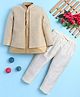BONBOY Cotton Blend Knit Full Sleeves Floral Embroidered Kurta With Attached Jacket & Pyjama Set - Beige
