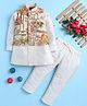 BONBOY Cotton Blend Knit Full Sleeves Kurta & Pyjama Set With Trees Printed & Zari Work Embroidered Jacket - Off White