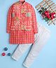 BONBOY Cotton Blend Knit Full Sleeves Ikat Kurta & Pyjama Set With Jacket - Peach