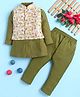 BONBOY Cotton Blend Knit Full Sleeves Kurta & Pyjama Set With Leaves & Floral Printed & Zari Work Embroidered Jacket - Green