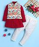 BONBOY Cotton Blend Knit Full Sleeves Kurta & Pyjama Set With Animals Printed Jacket - Red