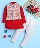 BONBOY Cotton Blend Knit Full Sleeves Kurta & Pyjama Set With Floral & Birds Printed Jacket - Red