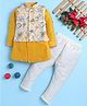 BONBOY Cotton Blend Knit Full Sleeves Kurta & Pyjama Set With Floral Printed Jacket - Yellow