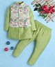 BONBOY Cotton Blend Knit Full Sleeves Kurta & Pyjama Set With Floral & Birds Printed Jacket - Green
