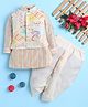 BONBOY Cotton Blend Knit Full Sleeves Striped Kurta & Dhoti Set With Picasso Doodle Printed Jacket - Cream