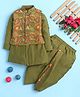 BONBOY Cotton Blend Knit Full Sleeves Kurta & Dhoti Set With Paisley Printed Jacket - Green