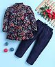 BONBOY Cotton Blend Knit Full Sleeves Floral Embroidered Sherwani & Pants Set - Navy Blue