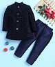 BONBOY Cotton Blend Knit Full Sleeves Geometric Embroidered Sherwani & Pants Set - Navy Blue