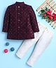 BONBOY Cotton Blend Knit Full Sleeves Floral Embroidered & Mirror Work Embellished Sherwani & Pants Set - Wine