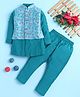 BONBOY Cotton Blend Knit Full Sleeves Kurta & Pyjama Set With Leaves & Floral Printed Jacket - Turquoise