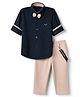 Radutu Cotton Woven Full Sleeves Solid Shirt & Pant Set With Bow & Suspender - Beige & Navy Blue