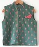 Love the World Today Cotton Woven Sleeveless Floral Printed Lace Embellished Nehru Jacket - Green